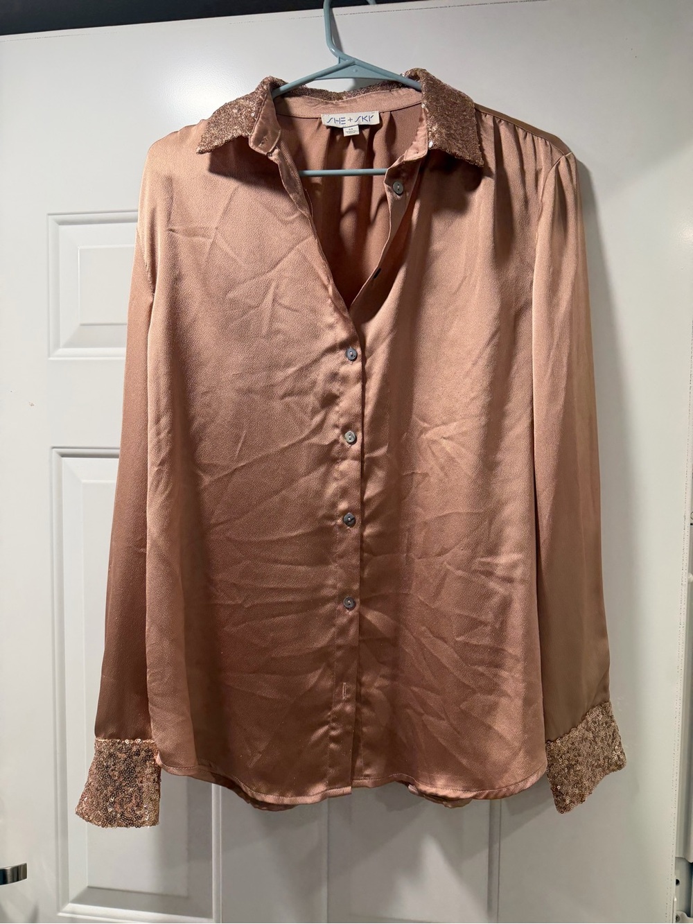 She Sky Rose Gold Satin Button-Up Blouse
